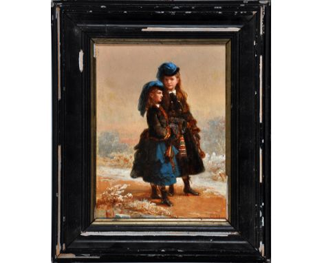 O*** Hey - a portrait of two girls standing by a frozen pond, signed and dated '75, oil on panel, 26 x 19cms; 10 1/4 x 7 1/2i
