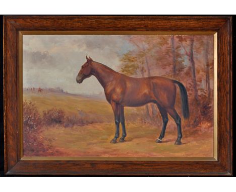 James Allan - a portrait of a bay hunter in a landscape, signed and dated 1929, oil on canvas, 47.5 x 74cms; 18 3/4 x 29in.