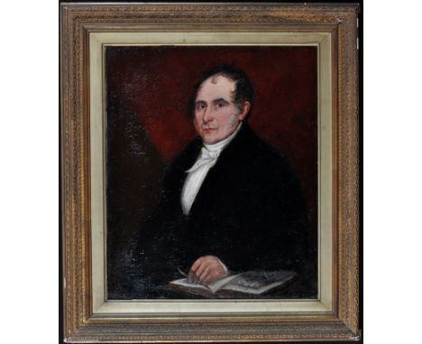 19th Century British School - a half-length portrait of a Victorian gentleman posing with an open book, oil on canvas, 74 x 6