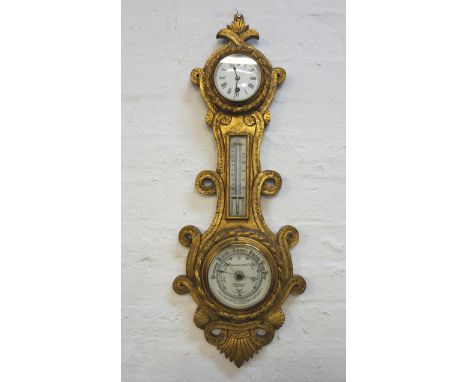 ANEROID CLOCK BAROMETERwith enamel face and 30 hour movement over a mercury thermometer and a circular barometer, by Philip S