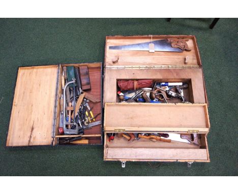 THREE WOODEN TOOL BOXESeach with a selection of tools including planes, saws, hammers and other items 