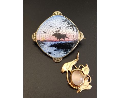 ART NOUVEAU STYLE MOONSTONE PENDANTthe central oval cabochon opal surrounded by stylised leaves, in nine carat gold; together