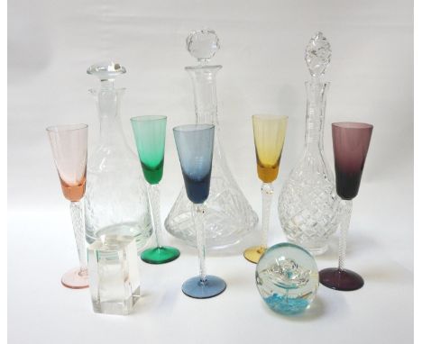 MIXED LOT OF GLASSWAREincluding decanters, various coloured wine glasses, water jug, vase, whisky tumblers, port glasses and 