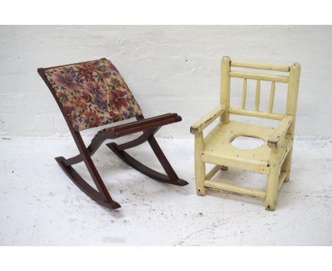 MAHOGANY GOUT STOOLwith floral patterned section and opposing slatted foot rest; together with a painted child's commode chai