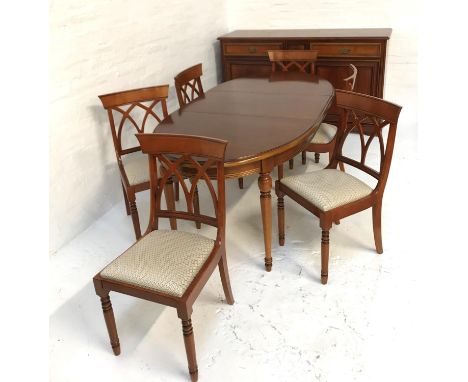 CHERRY WOOD DINING ROOM SUITEcomprising a sideboard with central panel flanked by a single brass handled drawer above a cupbo