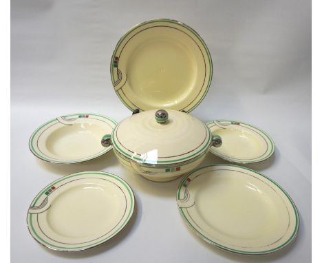 SPODE TWELVE PLACE SETTING ROYAL JASMINE DINNER SERVICEdecorated with a silver and green rim and coloured squares, comprising