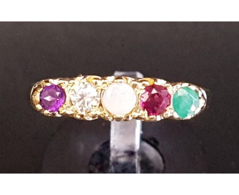 GEM SET ACROSTIC 'ADORE' RINGset with the following sequence of stones: amethyst, diamond, opal, ruby and emerald, on nine ca