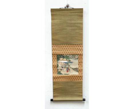 A small Chinese Hongmu and porcelain table screen, Qing Dynasty style, 20th century; and a Chinese watercolour scroll  of sil