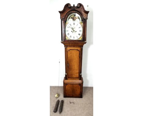 An oak cased longcase clock, the dial inscribed&nbsp; J Probert (?) and the bell stamped G Ainsworth Warr, 208 cm.&nbsp;