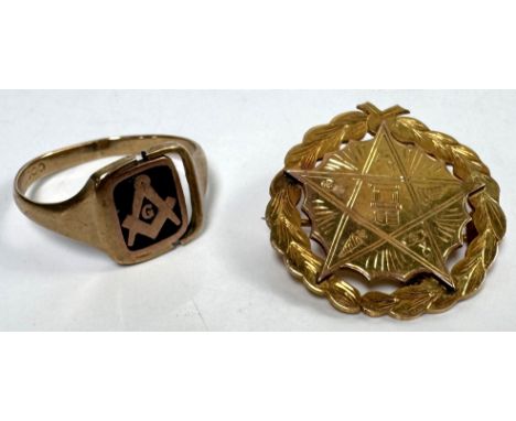 A 9ct gold medal inscribed, Sister A Dale W M Cregagh Chapter 257, 7 g, along with a gold Masonic ring, markings rubbed, 5.2 
