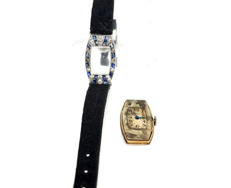 An Art Deco ladies cocktail watch set with diamonds and sapphires in white and yellow metal case, tests as 18ct gold, marked 