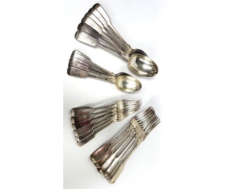 A late Victorian part silver flatware service, Fiddle pattern, hallmarked London 1901,   comprising six table spoons, six tab