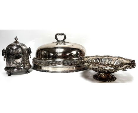 An EPNS biscuit barrel of bullet form and neo classical design, with goat head handles to sides on ball and claw feet, Philip