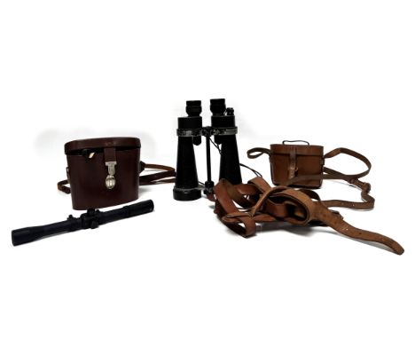 MILITARIA: A pair of Barr & Stroud wartime binoculars, x7 CF41; together with two other smaller pairs and a Bushmaster rifle 