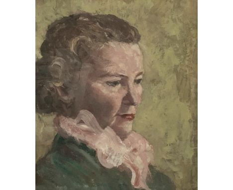 WILLIAM ROBINSON, "Pink Scarf", portrait of lady, likely mother of Joan Robinson, oil, label verso, 33 x 26 cm.&nbsp;