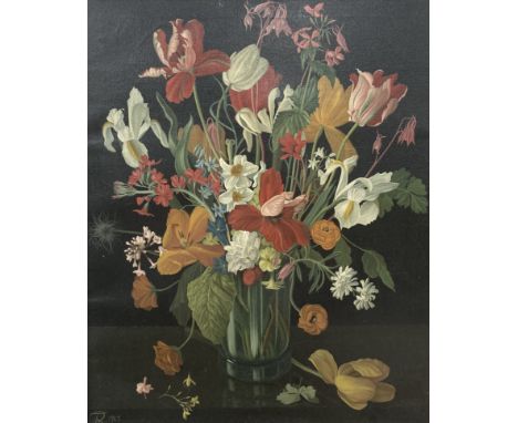 JOAN ROBINSON, British (1943-1966), Still Life of Tulips and Spring Flowers in a glass vase,   oil on canvas, monogram and da