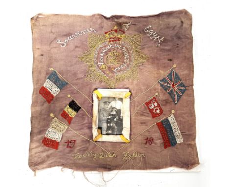 MILITARIA: A WWI textile panel inscribed "Souvenir of Egypt 1918 To My Dear Father (?)" with an Army Service Corps crest. Ins