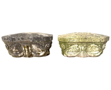 An attractive pair of dressed stone gate pier capitals, probably 19th century,   each of shaped oblong form with canted corne