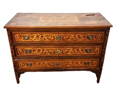 A walnut and marquetry commode, probably North Italian, early 18th century,   with a rectangular top centred by an inlaid pan