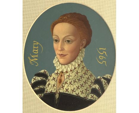 JOAN ROBINSON, "Mary 1565", oil, 14 x 12 cm (image size), also a painted panel with Mary Queen of Scots, Damley and Rizzio, t