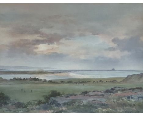 FRANK WATSON WOOD, British, (1862-1953), Bamburgh Golf Course,  overlooking the links to sea, figures on the course, with Hol