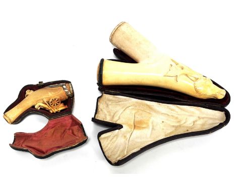 MILITARIA: A 19th c. meerschaum pipe with carved field gun and white metal crest inscribed " North Camp Aldershot 1856 from I