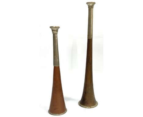 A copper and white metal hunting horn marked "Shipley 181 Regents", 29 cm,&nbsp; along with another unmarked horn, (2).