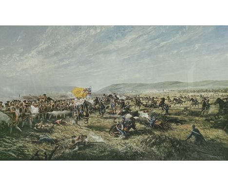 MILITARIA: Two framed and signed GORDON ELLIS prints, "Battle of Minden", 51 x 80 cm, also a signed TERRENCE CUNEO print, "Ra