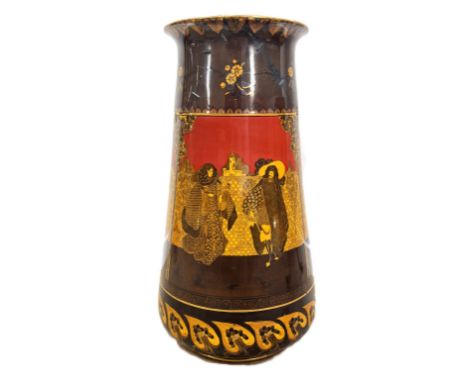 A very large Royal Doulton ‘Morrisian’ ware vase, decorated by Will H. Bradley after Aubrey Beardsley,  of tall conical form,