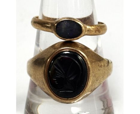 a 9ct gold signet ring with classical bust intaglio, size W/X and another 9ct ring, 8.2 g gross.&nbsp;&nbsp;
