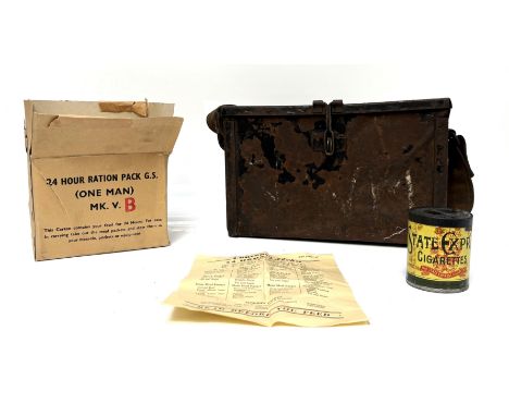 MILITARIA: Assorted items including a 24 Hour Ration Pack G.S. Mk. V. B; also an Ammunition box;  and another larger tin ches