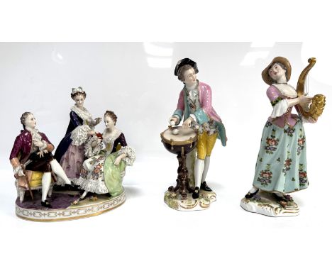 A collection of china figures, to include; a pair of Meissen style musicans, both with crossed blue arrows, 26 cm, another pa