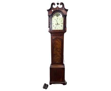A 19th c mahogany longcase clock the dial with maritime themed moon dial, 224 cm.&nbsp;