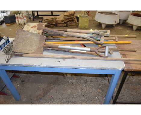 Mixed lot of garden hand tools to include spade, shovels, rakes