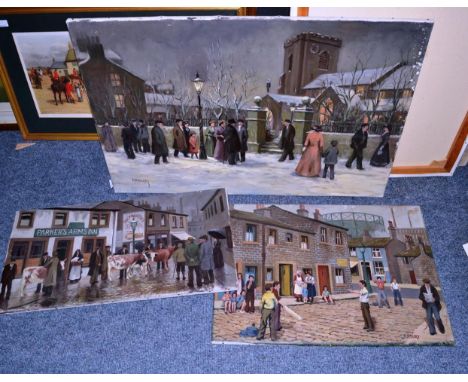 R R Berry (20th century) Figures and cattle outside the Parker's Arms Inn, oil on canvas, together with four further oils by 