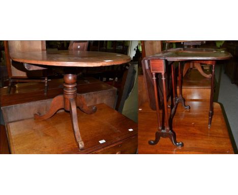 A mahogany checker banded Sutherland table and a low circular tripod table 