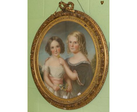 Samuel Howell (fl. c.1828-1856) Double portrait of two young girls, half length, signed and dated June 2nd 1854, pastel (oval