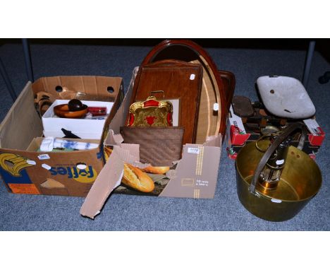 Assorted items to include a brass pan, miner's lamp, trays, scales, an oval mirror. place mats, souvenir spoons etc (qty)