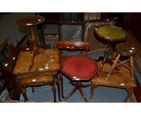 A nest of three walnut veneered tables; four small occasional tables; three small wall racks; a small stool and a modern mirr