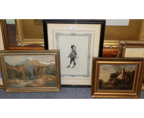 Continental School (19th century) figure in a mountainous landscape, watercolour; together with a further oil on panel depict