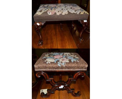 A George III style dressing stool, the tapestry seat on four shell carved cabriole supports, with ball and claw feet and an X