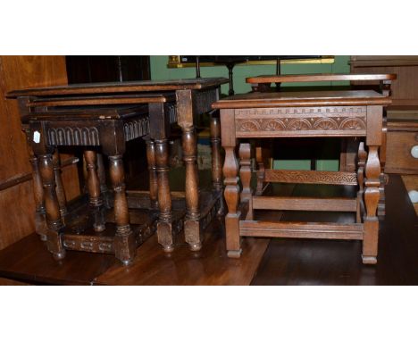 A carved oak stool; a small oak side table and a nest of three oak tables 