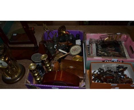 Assorted collectables, to include: a quantity of corkscrews; a metronome; brass candlesticks; a small swing toilet mirror; op