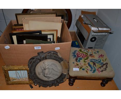 A quantity of assorted framed topographical book plates; an oval wall mirror; slide projector; small footstool etc