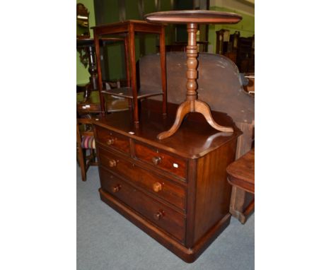 A mahogany three height chest of drawers, a rectangular cross banded occasional table and an oak tripod table 