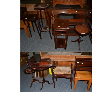 A group of furniture comprising; a two tier hanging shelf, a plant stand, smoker's stand, a small wall cabinet, piano stool, 