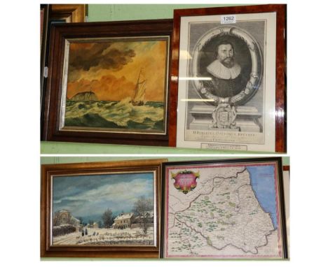 Robert Morden, map of Durham; winter landscape, oil on canvas; seascape, oil on board; and a Robert Cotton Bruce, black and w