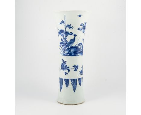 Chinese blue and white porcelain beaker vase, the decoration registered in three bands, an Asiatic Pheasant in a tree, floral