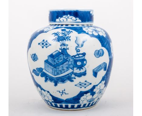 Chinese blue and white porcelain ginger jar, bearing four character mark, reserves decorated with precious objects surrounded