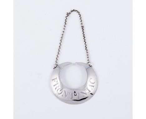 George III silver crescent shape decanter label 'FRONTINIAC', Hester Bateman, late 18th Century, the lettering pierced out, w